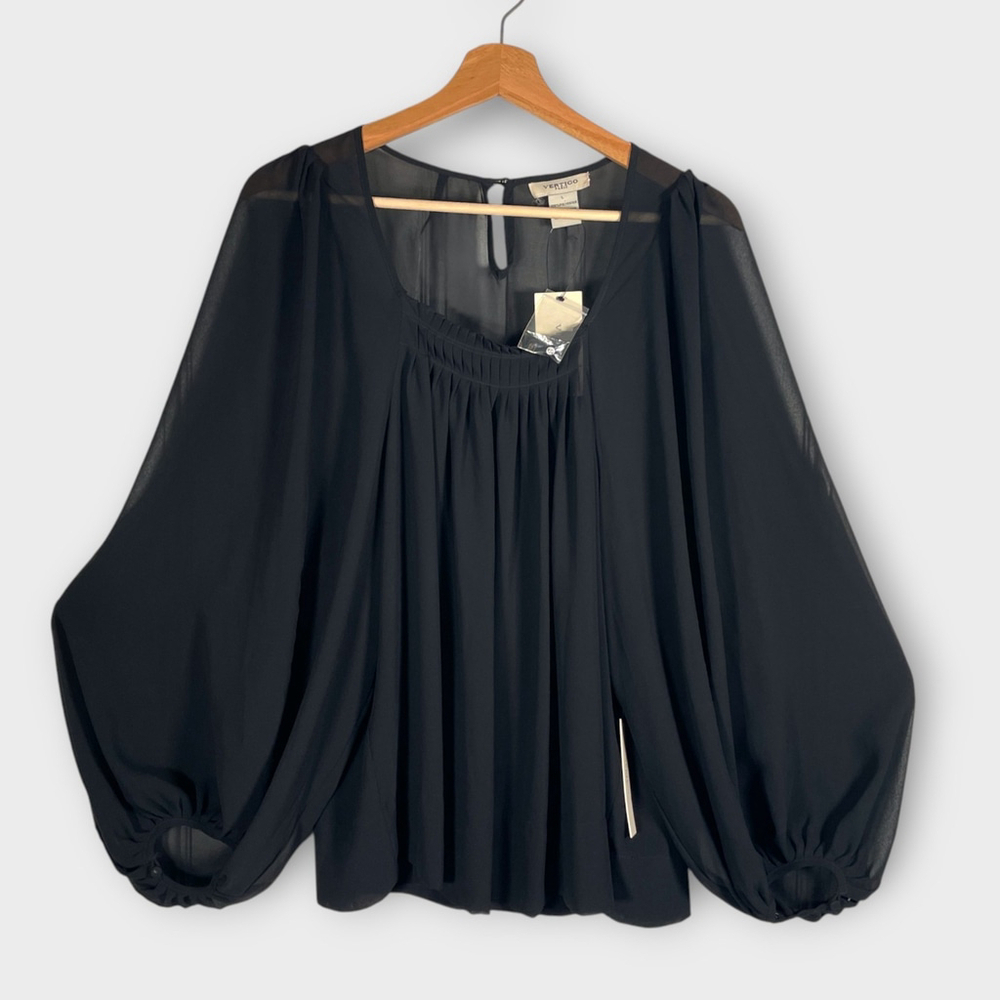 Vertigo Paris Popover Top LARGE Black Sheer Whimsigoth Balloon Sleeve NEW $160